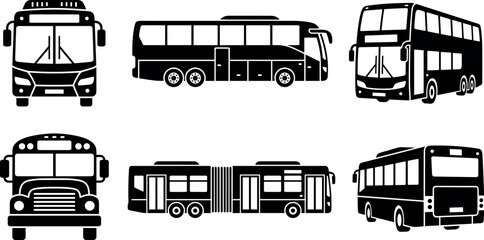 Set of black city bus public transit school bus and double decker silhouettes on white background © Afroja