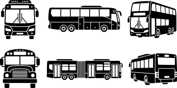 Set of black city bus public transit school bus and double decker silhouettes on white background