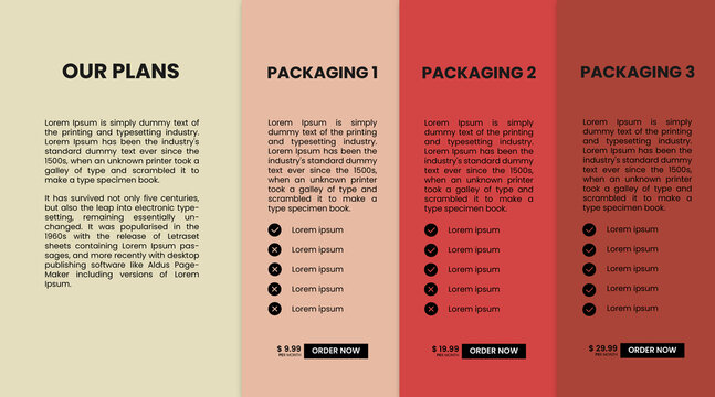 Pricing table template with four colorful vertical panels for subscription plans, featuring package tiers, feature lists with checkmarks, price points, and call to action buttons.
