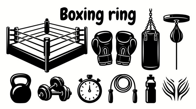 Boxing ring vector collection for combat sports, athletic training, competitions, and professional arenas. Black and white sketch style featuring, ropes, and fighting sport elements