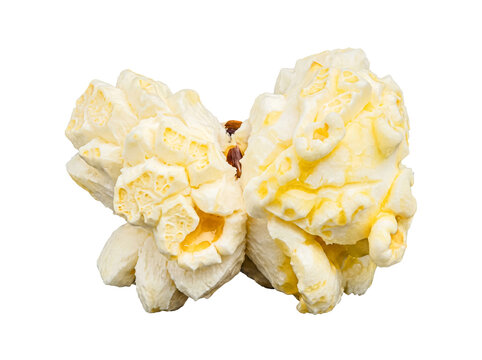 Appetizing fluffy popcorn kernel, coated with golden butter, isolated on transparent background for design.