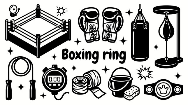 Boxing ring vector collection for combat sports, athletic training, competitions, and professional arenas. Black and white sketch style featuring, ropes, and fighting sport elements