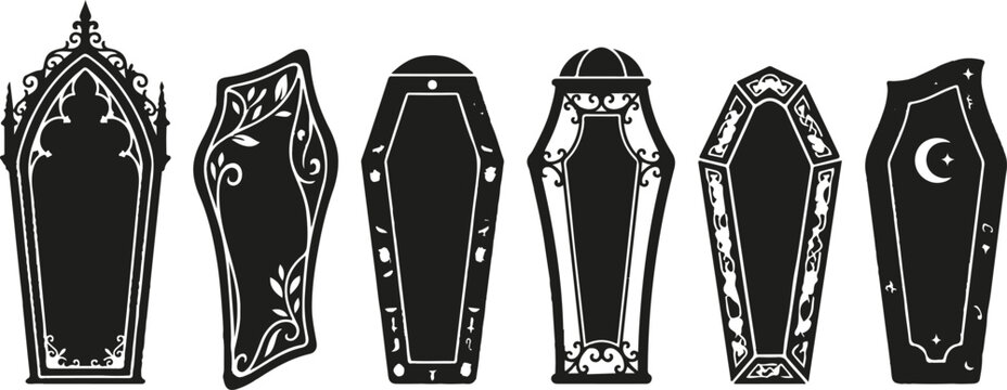 Set of Halloween vampire coffin open silhouettes black icon Vector illustration and six black silhouette coffin designs for Halloween or gothic themed projects