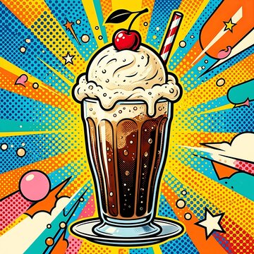  pop art poster of a root beer float with a huge scoop of ice cream. Typography: "Classic!"
