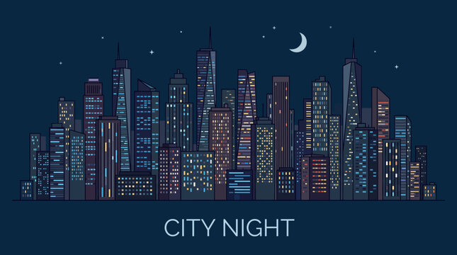 Cityscape at night with buildings and moon in skyline view