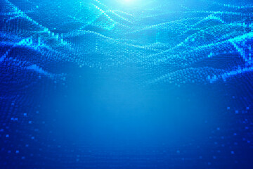 Naklejka premium 青いボクセルデータウェーブのデジタル背景 ピクセルランドスケープとコピースペース Abstract Blue Digital Voxel Wave Background with Pixel Data Landscape and Copy Space