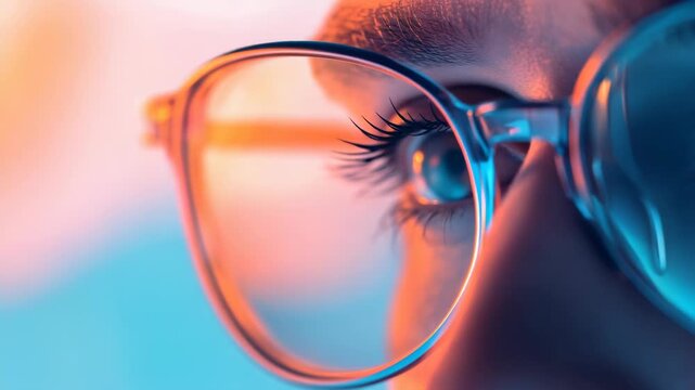 Close-up of person's eye and glasses with colorful background.