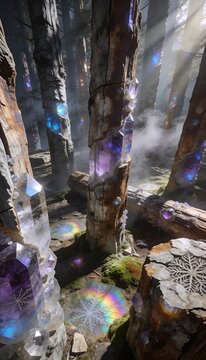 Magical fantasy forest with crystal trees and ethereal light rays in mist