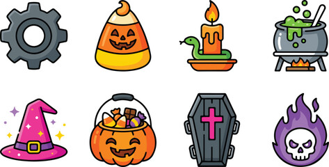 Naklejka premium Halloween icons including candy corn jack o lanterns witch hat and spooky symbols