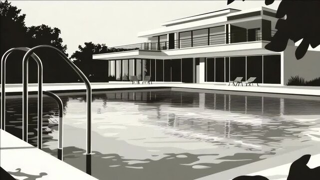 This is a black and white of a modern swimming pool in the backyard of a luxury house. The pool area features a clean design with a diving board.