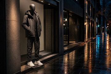 Obraz premium Wet Pavement Fashion Display With Night City Light