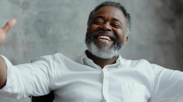 An elderly man with a long white beard and mustache is laughing joyfully. He has a warm smile and his eyes are closed in happiness.