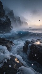Fototapeta premium Dramatic Winter Ocean Waves Crashing Against Icy Cliffs During a Snowstorm
