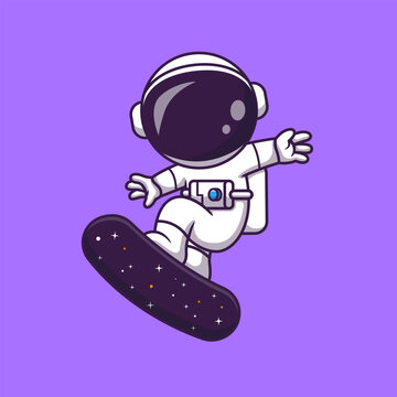 Cute Astronaut Playing Skateboard Space Cartoon
