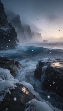 Dramatic Winter Ocean Waves Crashing Against Icy Cliffs During a Snowstorm