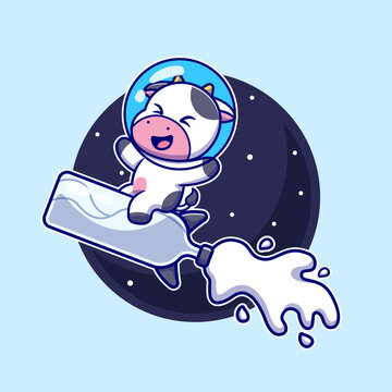 Cute Cow Astronaut Riding Milk Rocket In Space Cartoon