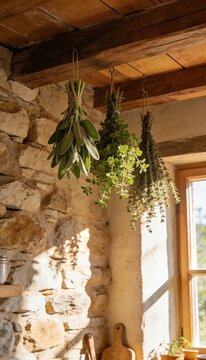 Fresh sage rosemary and thyme bunches hanging to dry in a rustic stone kitchen
