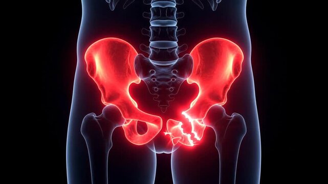 3D medical animation of human pelvis bone fracturing from impact, representing hip trauma, injury, and pubic bone breakage.