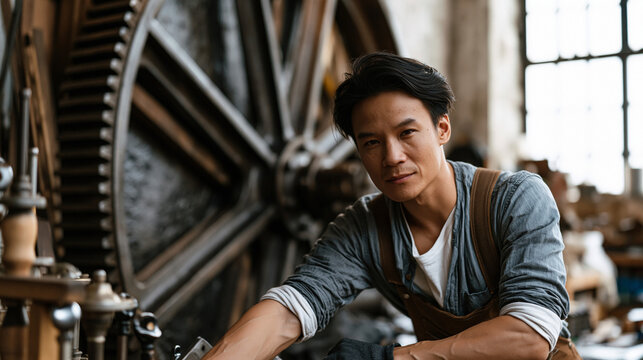 Vietnamese male mechanical engineer leaning into a large iron flywheel mounted on a workshop wall, muscles engaged, early morning light catching metal texture, traction and