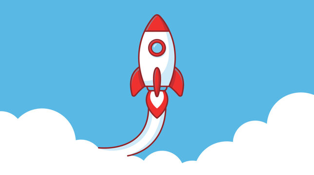 A rocket ship blasts off into the sky with flames and smoke behind it.