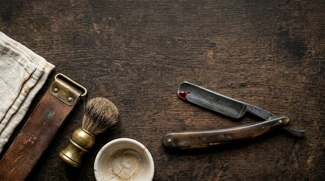 Vintage straight razor and badger brush with strop on a rustic wooden table, for traditional wet shaving