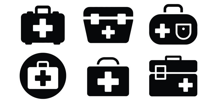 First aid kit and medical bag silhouette icon set, emergency healthcare symbols for safety, hospital, rescue, trauma care, ambulance service, and medical assistance design illustration