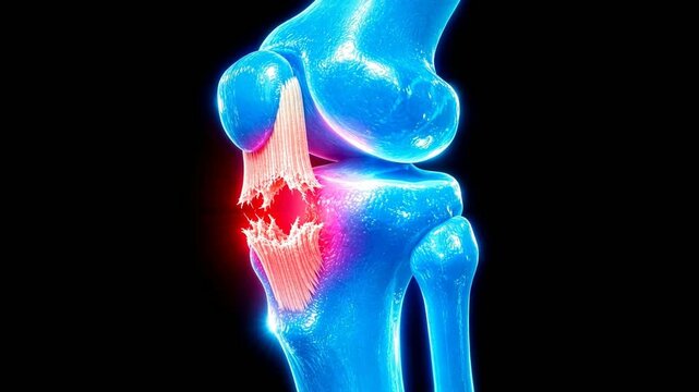 3D medical animation of a patellar tendon tearing in a human knee joint.