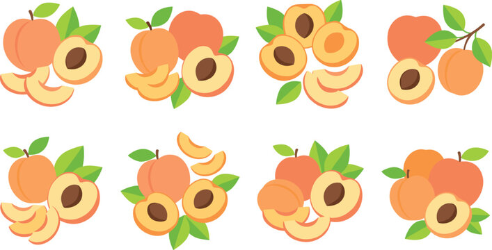 Set of fresh peach flat vector icons with whole half fruit slices and green leaves
