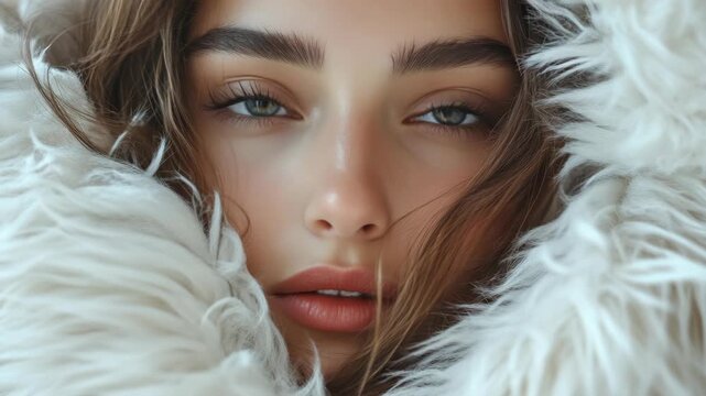 Glamorous young woman gazing upwards, her blue eyes sparkling against the backdrop of a luxurious fur coat.