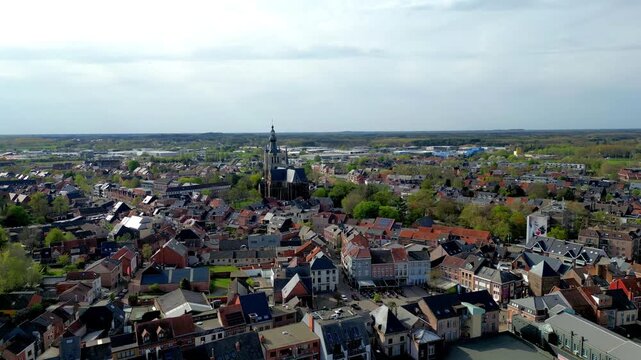 Aerial Drone Footage of Aarschot Belgium &ndash; Small Flemish Town with Gothic Church and Market Square