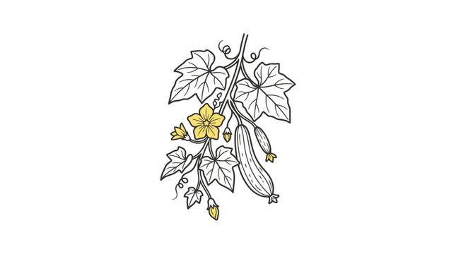 Sleek Minimalist Line Drawing of Zucchini Plant with Leaves Flower and Fruit in Gold and Black with high quality professional line art symbols for modern creative design and digital branding projects