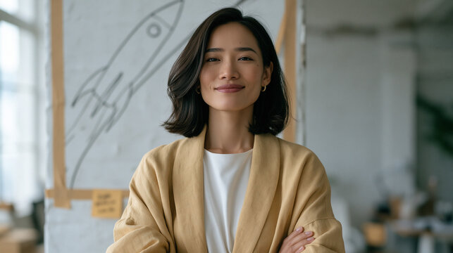 Vietnamese female startup founder standing before a hand-drawn rocket trajectory arc taped to a bare office wall, sparse minimalist studio space with a single motivational index