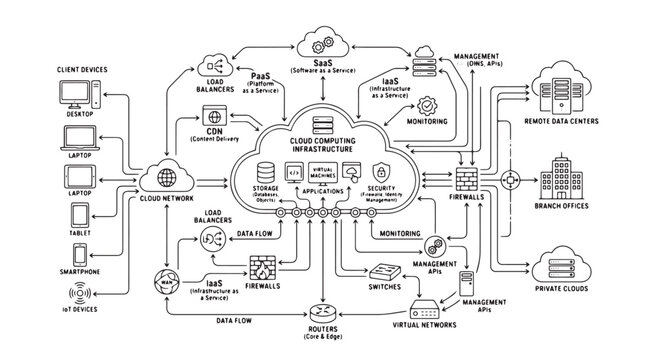 Cloud computing infrastructure diagram, network architecture vector with SaaS and PaaS icons, enterprise data flow and security system map