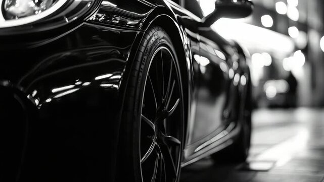Exquisite black sports car parked in a well-lit garage.