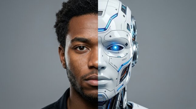 A split image showing human and robot faces, highlighting the fusion between humanity and technology in a modern context.