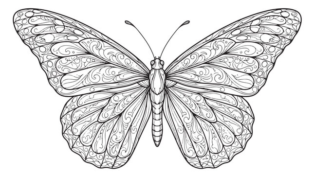 Intricate butterfly line art vector, ornate monarch butterfly coloring page, detailed insect illustration with decorative wing patterns
