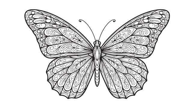 Intricate butterfly coloring page vector, ornate mandala style butterfly illustration, black and white line art butterfly for adult coloring books