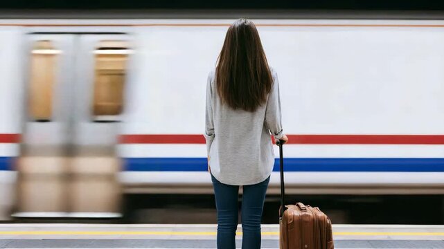 A traveler pulling a rolling suitcase while waiting beside a passenger train at a railway station, concepts of travel, commuting, business trips, tourism