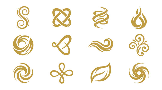 Collection of abstract golden logos and elegant swirl symbols.