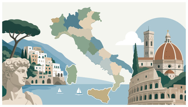 Italy Map with Famous Landmarks.