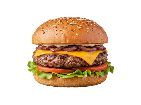 Mouth-watering gourmet beef burger with melted cheddar cheese and sweet caramelized onions.