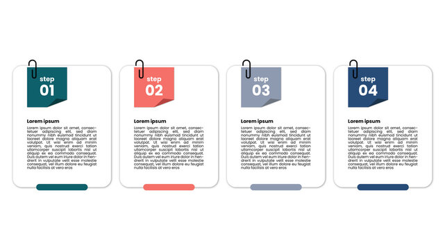 Step-by-step business infographic template featuring four white cards with numbered steps one to four attached by black paperclips on teal, coral, grey, and blue banner tabs.