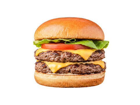 A delicious double cheeseburger, two grilled beef patties, melted cheddar, fresh lettuce, tomato, toasted brioche bun.