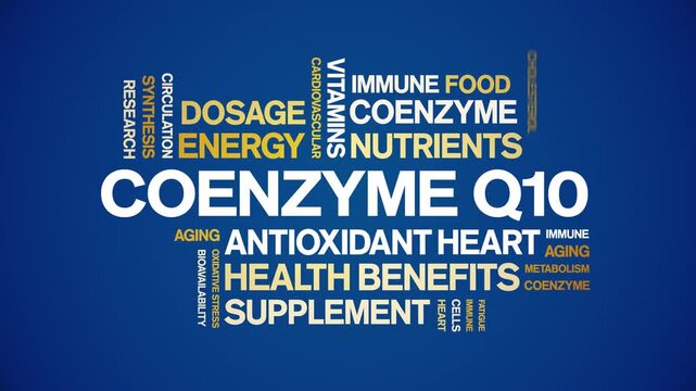 Coenzyme Q10 animated word cloud-CoQ10 text design animation tag kinetic typography seamless loop.