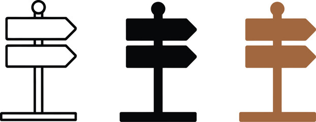 Wooden signpost icons, two blank arrows pointing right for direction, navigation, wayfinding, guidance, and outdoor destination signage.  © Mr. Tasin