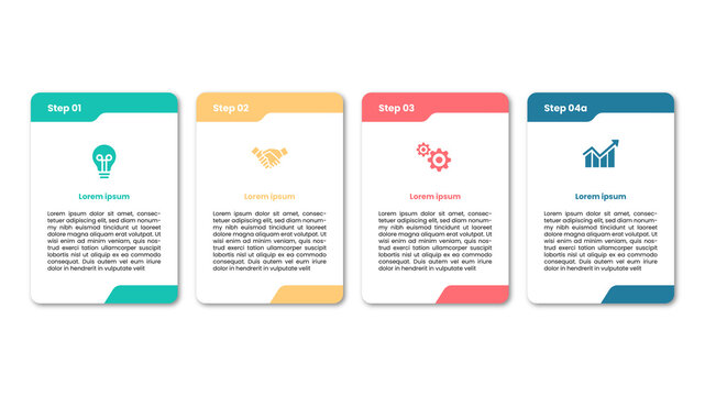 Four step business process infographic with colorful cards featuring icons for idea, handshake, gears, and bar chart growth on a clean white background for presentations.