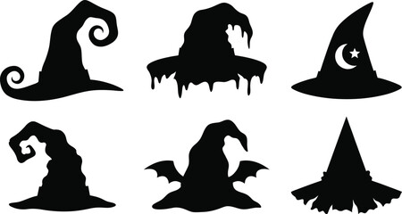 Fototapeta premium Happy helloween day collection of six black silhouette witch hats for spooky celebrations