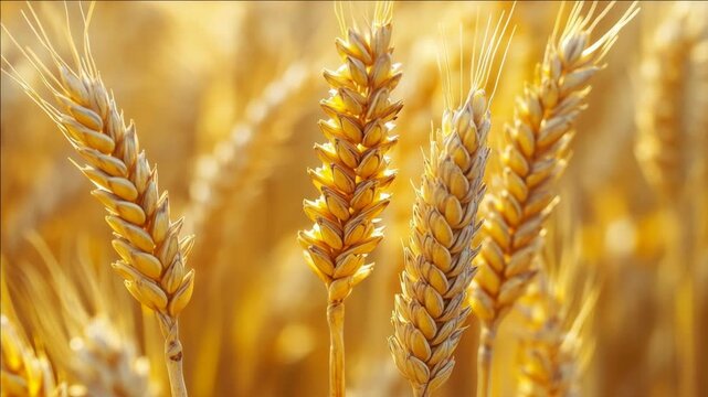 A vibrant close-up shot of wheat stalks, highlighting the golden hues and intricate details. This captures the essence of a bountiful harvest.