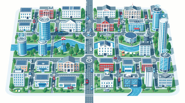 Top view cartoon city street with buildings, cars, and river