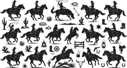 Obraz premium Cowboy and cowgirl silhouette set riding horses roping lasso desert icons rodeo wild western vector illustration collection